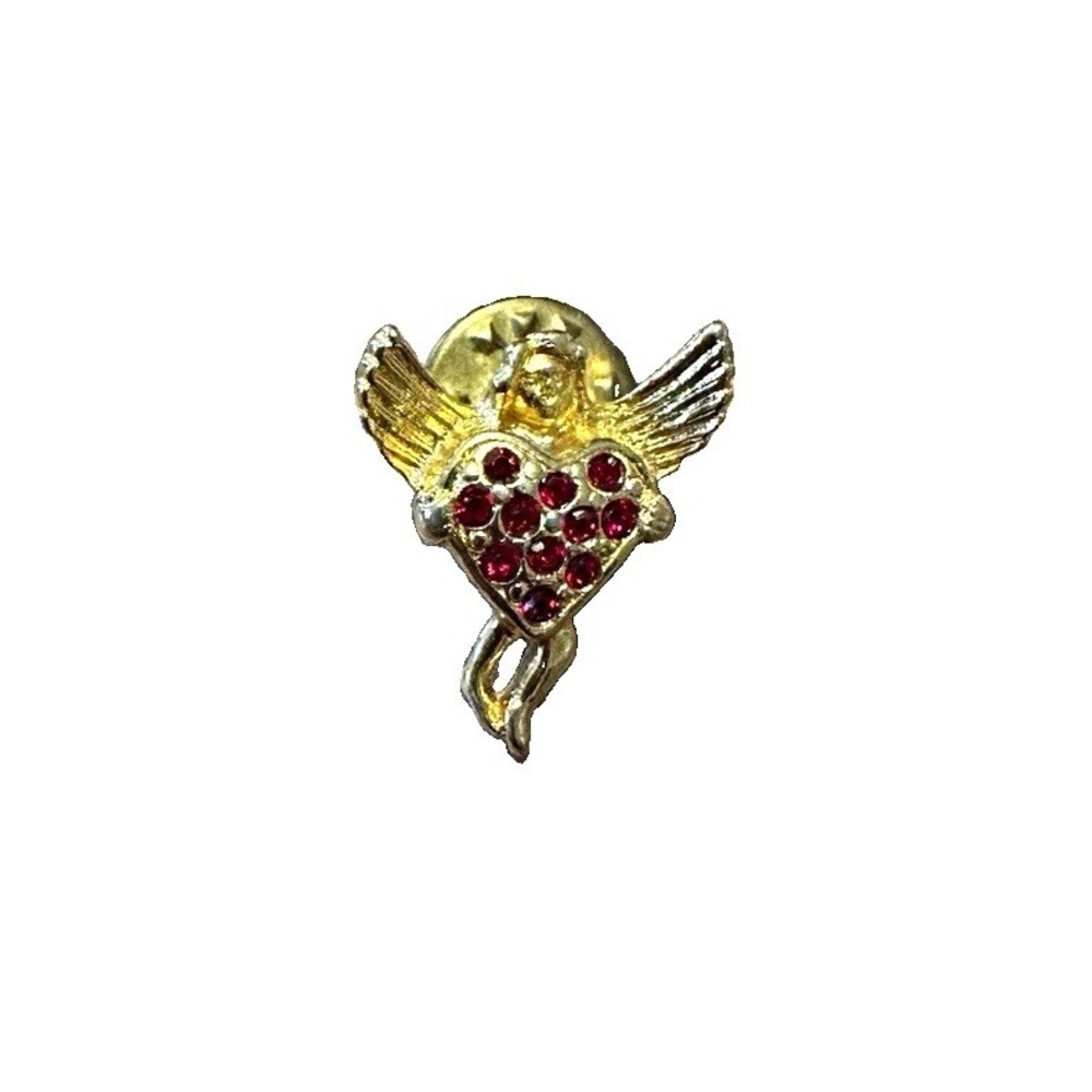 Vintage Gold Tone Cherub Angel Lapel Pin with Ruby Red Rhinestone Heart